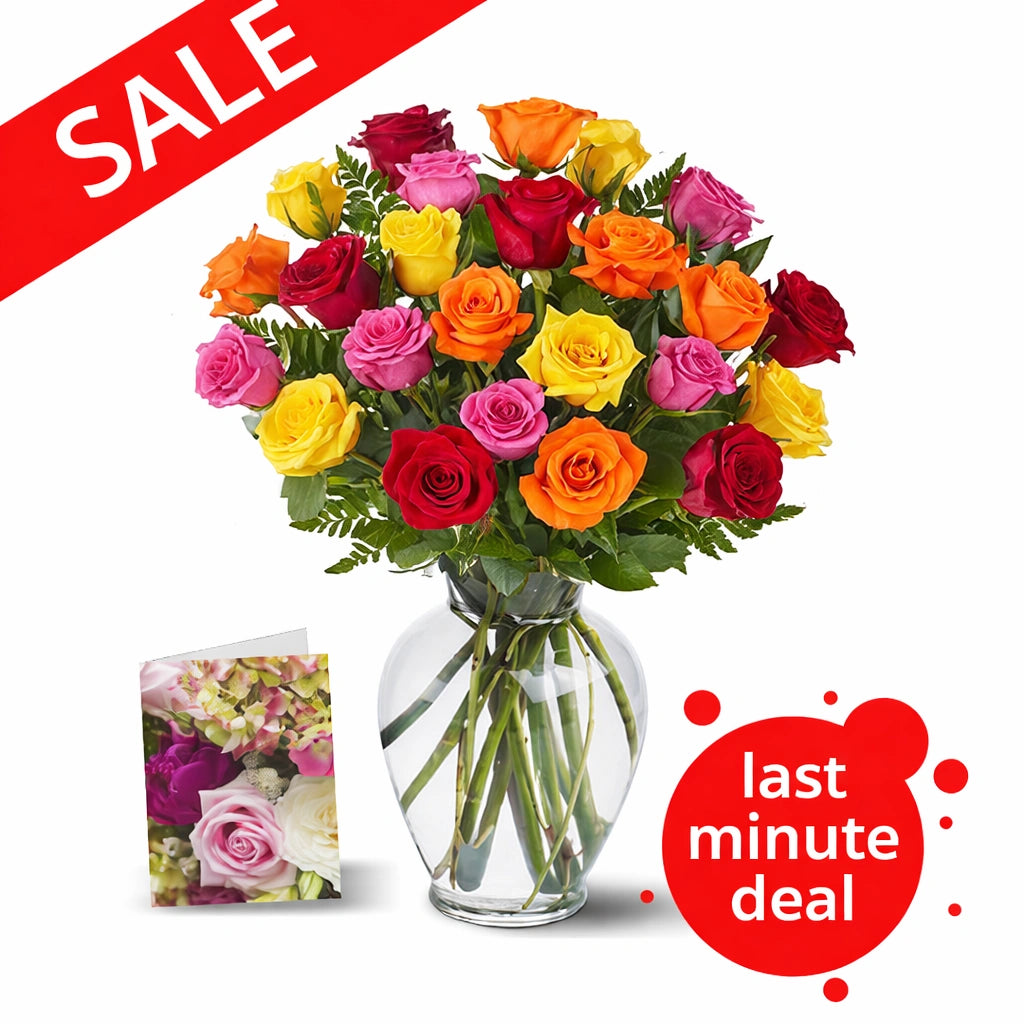 Bouquet de 24 Roses Mélangées avec Verdure