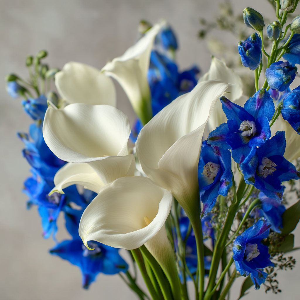 Arrangement Floral Élégant "Joie Bleue et Blanche" - Lys Calla Blancs et Delphinium Bleu
