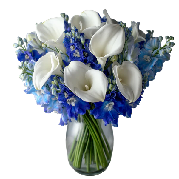 Arrangement Floral Élégant "Joie Bleue et Blanche" - Lys Calla Blancs et Delphinium Bleu