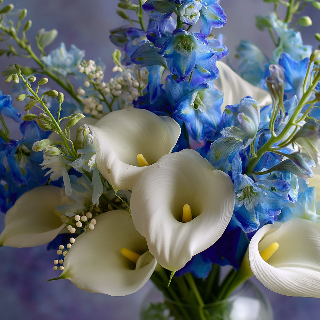 Arrangement Floral Élégant "Joie Bleue et Blanche" - Lys Calla Blancs et Delphinium Bleu