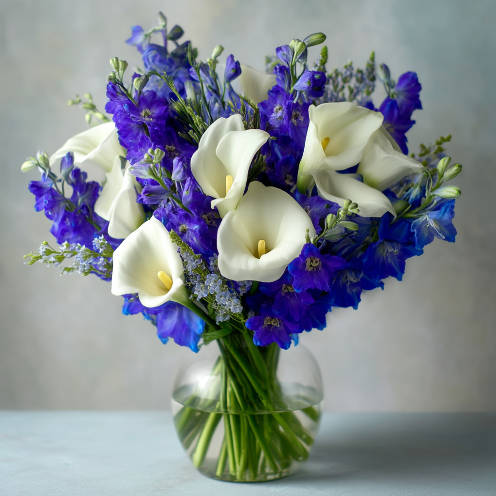 Arrangement Floral Élégant "Joie Bleue et Blanche" - Lys Calla Blancs et Delphinium Bleu