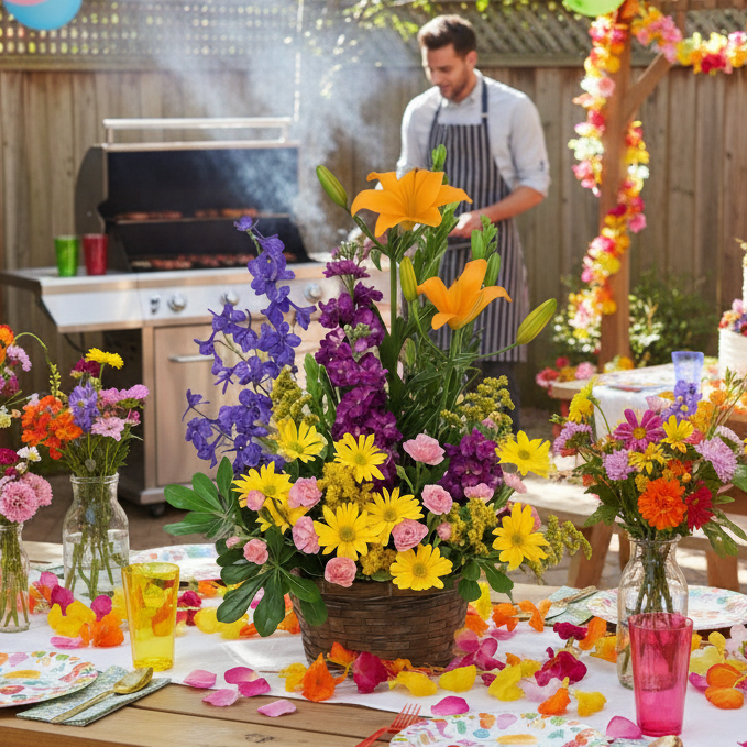 Arrangement Floral Osier 'Vibrance' : Delphinium, Lys, Marguerites et Bouillon