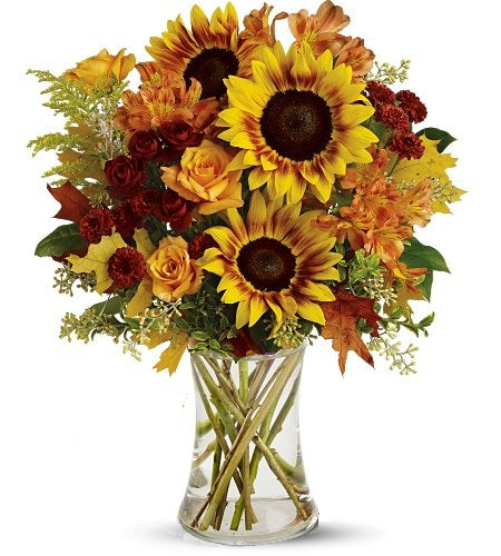 Bouquet tournesols, roses rouges et chrysanthèmes