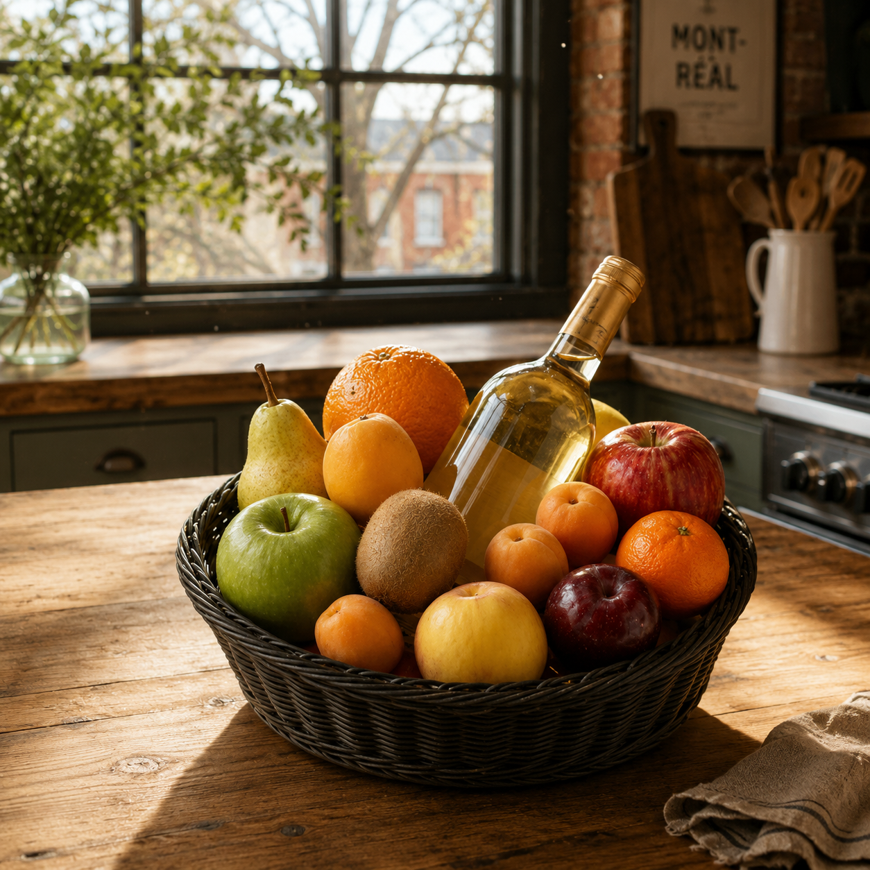 Panier de fruits et vin blanc