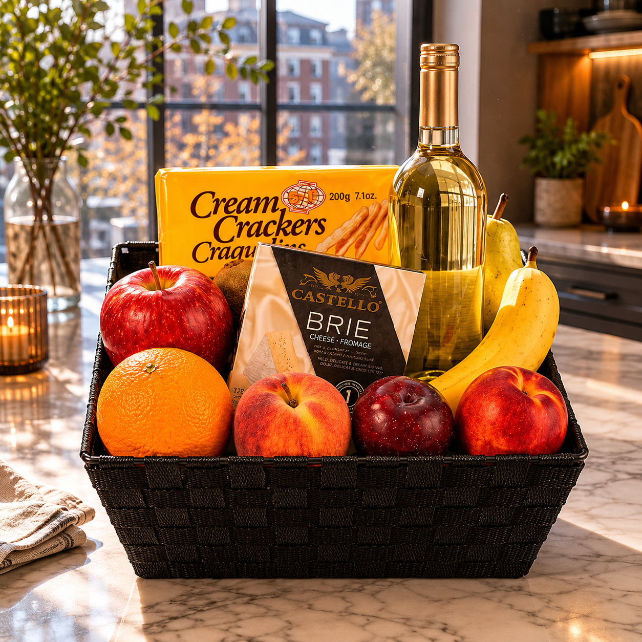 Panier de fruits, vin blanc et fromage