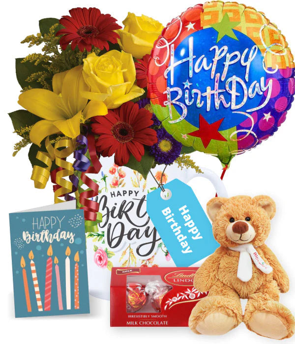 Ensemble de la collection de mugs d’anniversaire IV (6 articles): mug, fleurs, truffes, carte + ourson & ballon