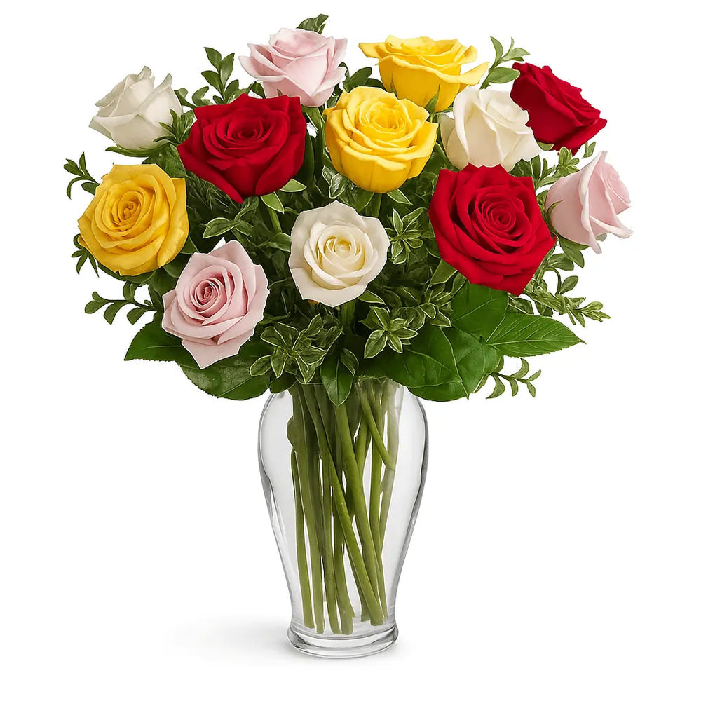 Bouquet de 12 Roses à Longue Tige Multicolores