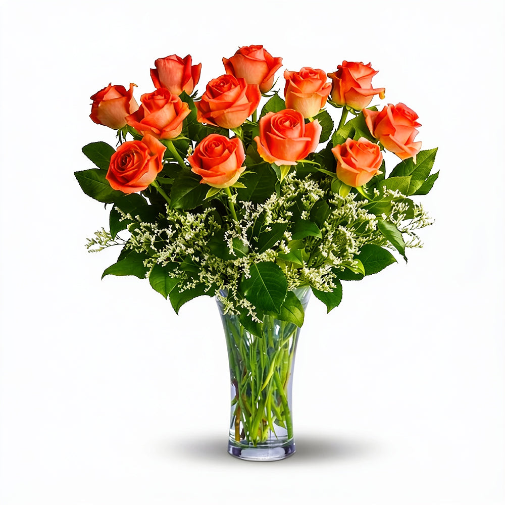 Bouquet de 12 Roses Oranges à Longue Tige