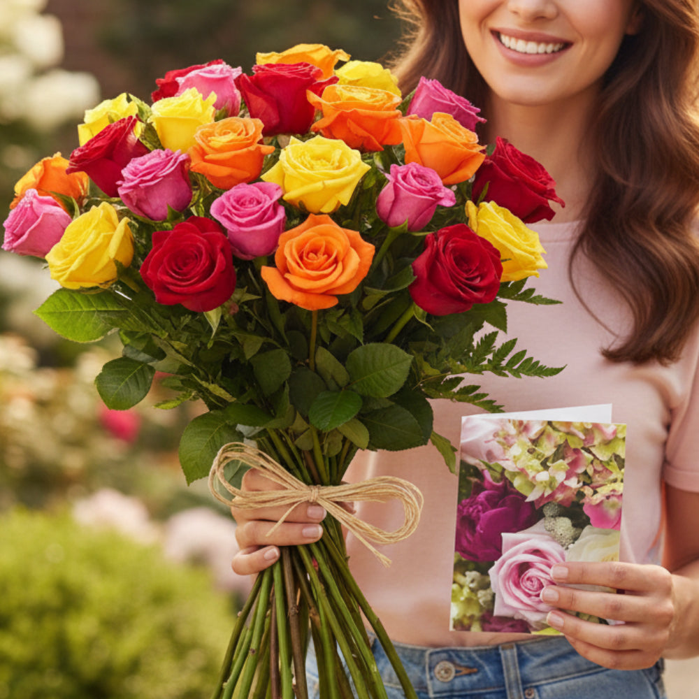 Bouquet de 24 Roses Mélangées avec Verdure