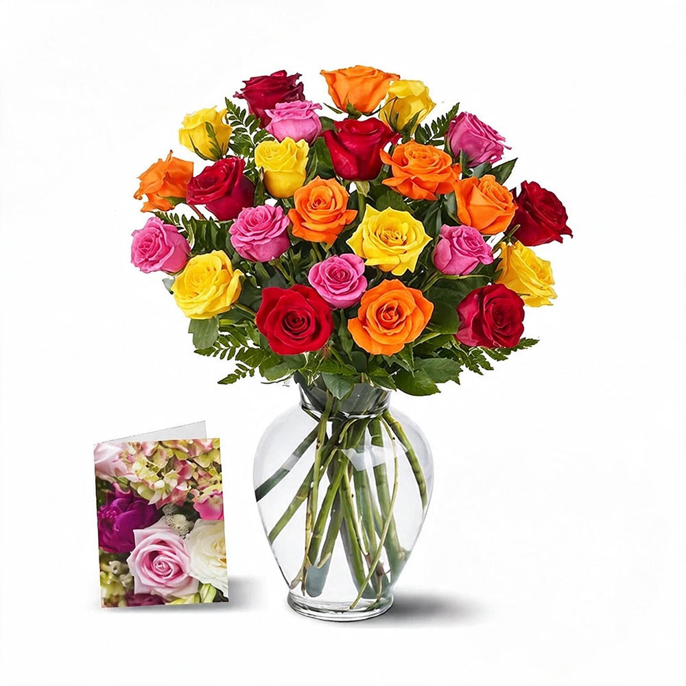 Bouquet de 24 Roses Mélangées avec Verdure