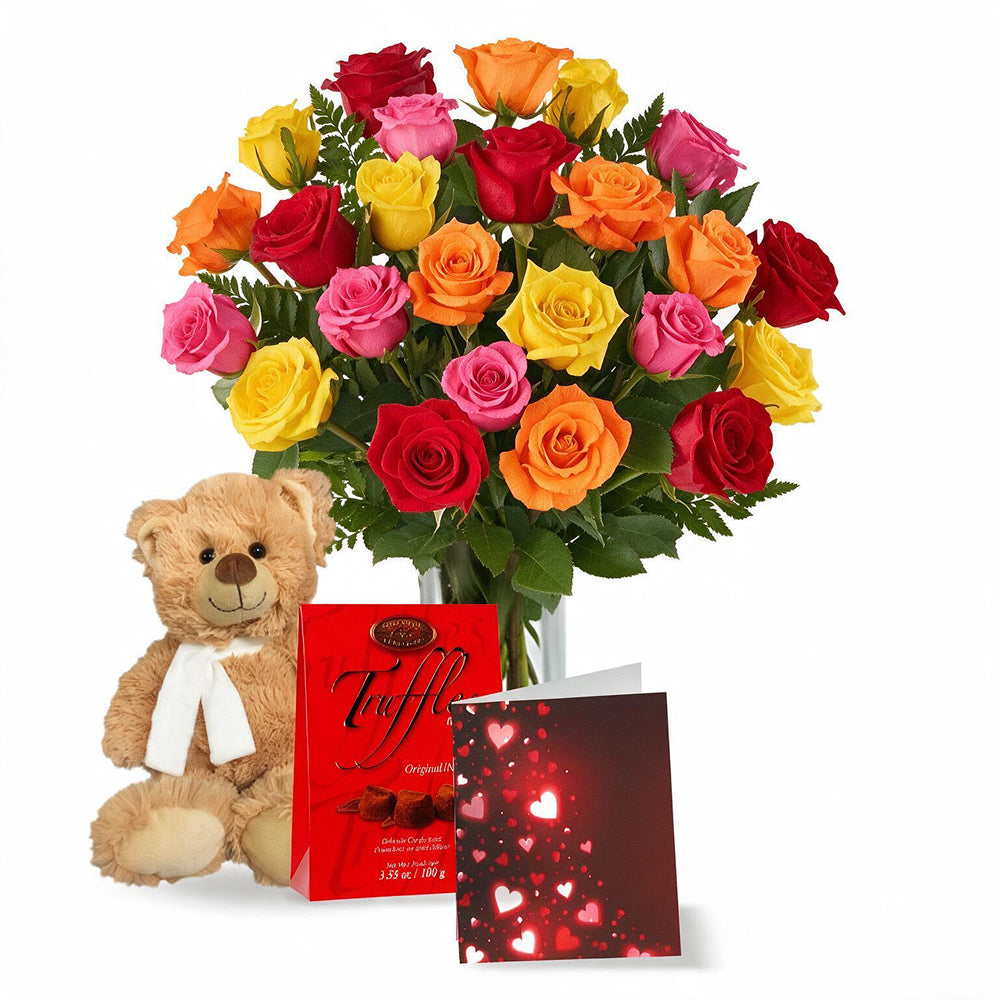 Bouquet de 24 Roses Multicolores Assorties - Félicitations