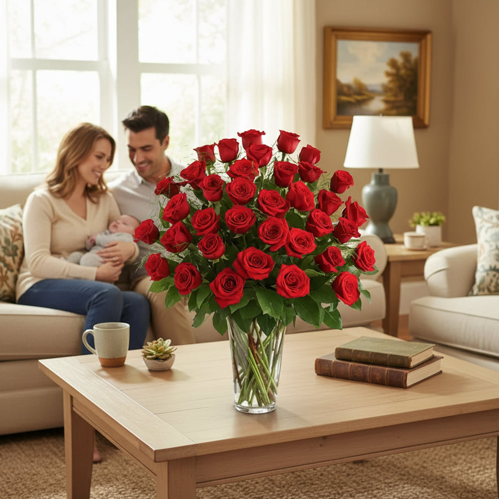 Bouquet de 36 Roses Rouges à Longue Tige