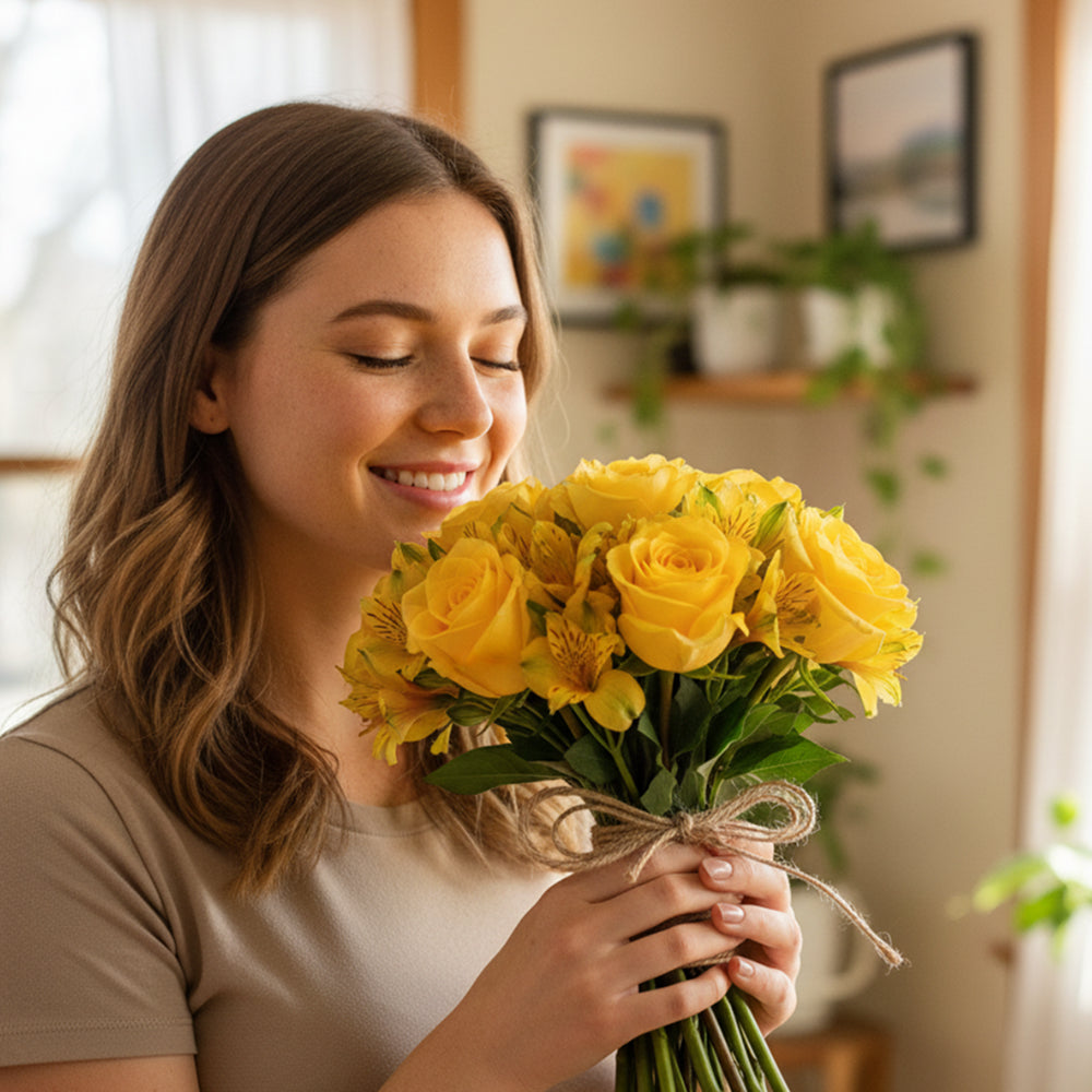 Bouquet of Yellow and Green Roses: Sunset