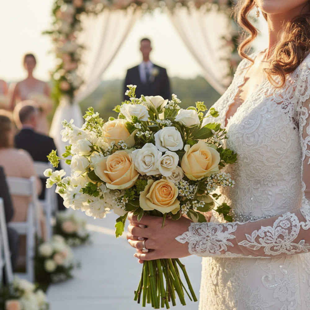 Bouquet Luxury "Amour Céleste" - Roses Blanches, Pastel, Pêche et Crème - Mariage
