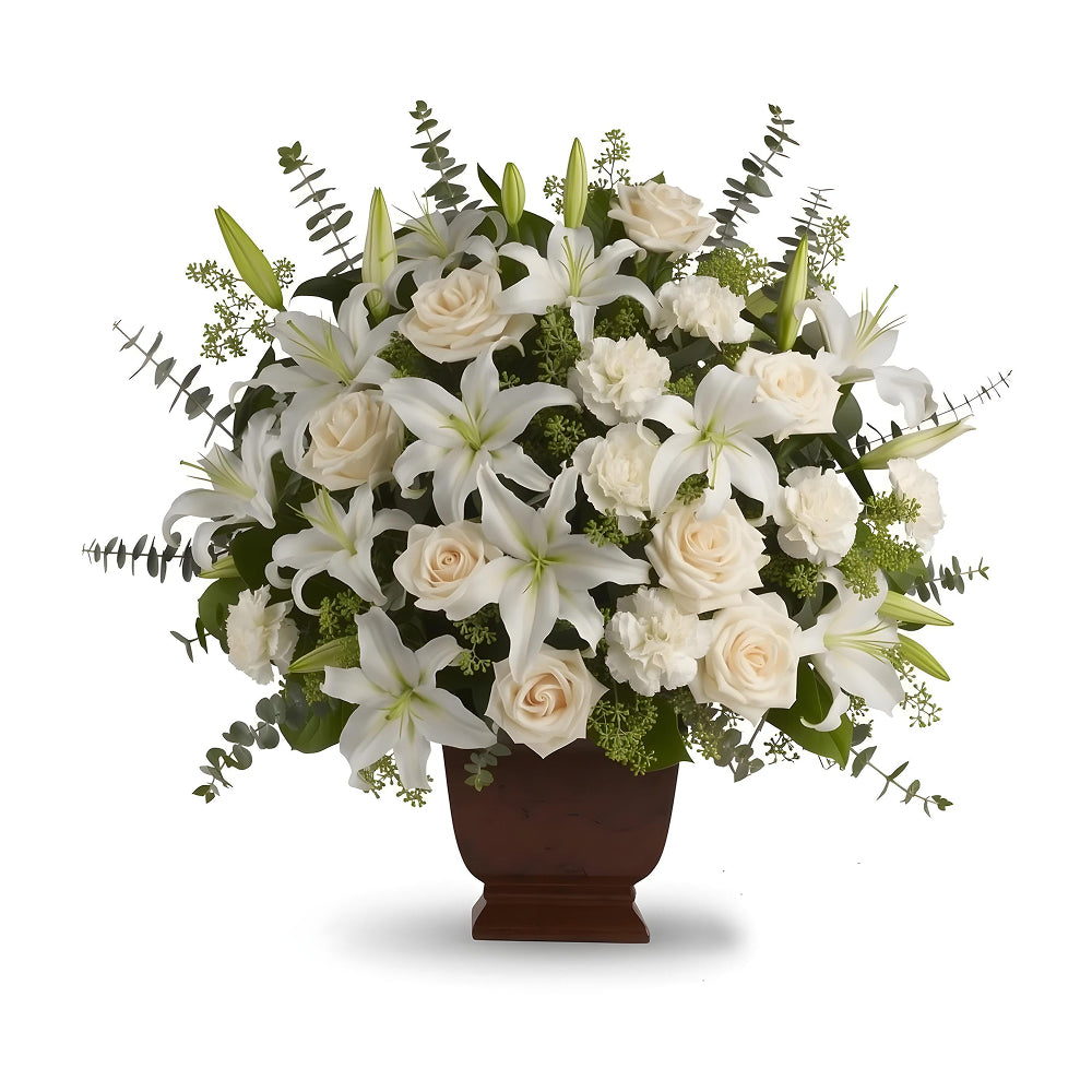 Bouquet Sympathie Élégant : Roses Crèmes, Lys Blancs et Œillets (Urne Incluse)