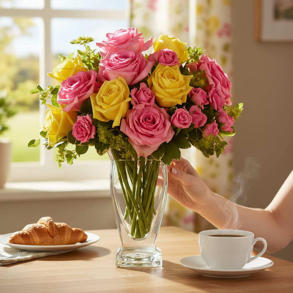 "Glorious Day" Bouquet - Pastel Pink and Yellow Roses - Congratulations