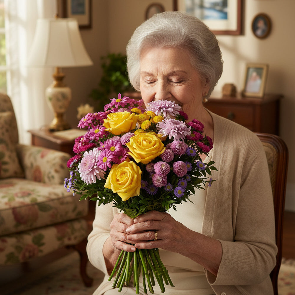 "Summer Romance" Bouquet - Yellow Roses, Bright Pink, Purple and Lavender - Anniversary