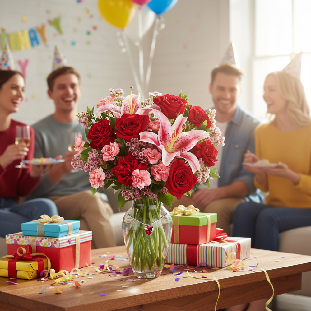 Bouquet Passion : Lys Roses, Roses Rouges et Œillets