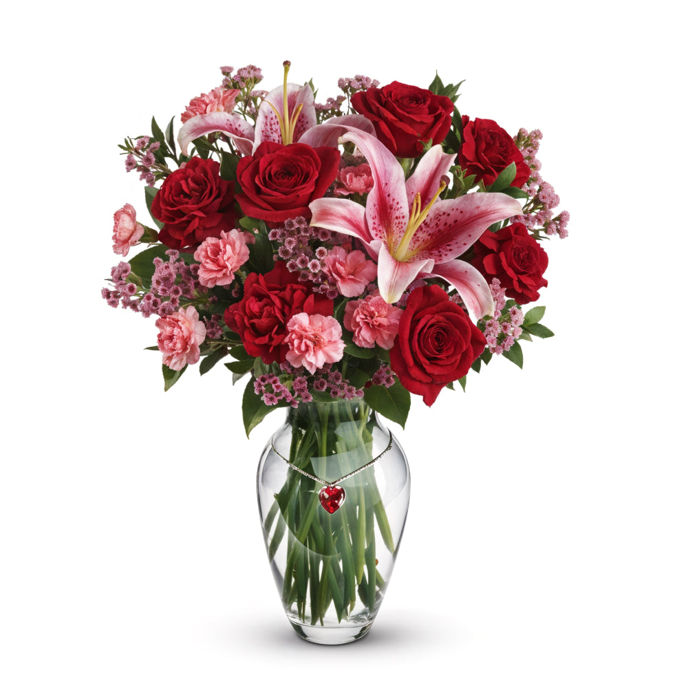 Bouquet Passion : Lys Roses, Roses Rouges et Œillets