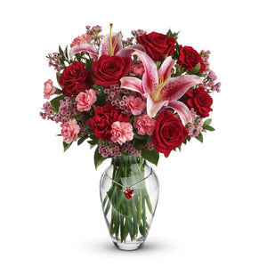 Bouquet Passion : Lys Roses, Roses Rouges et Œillets