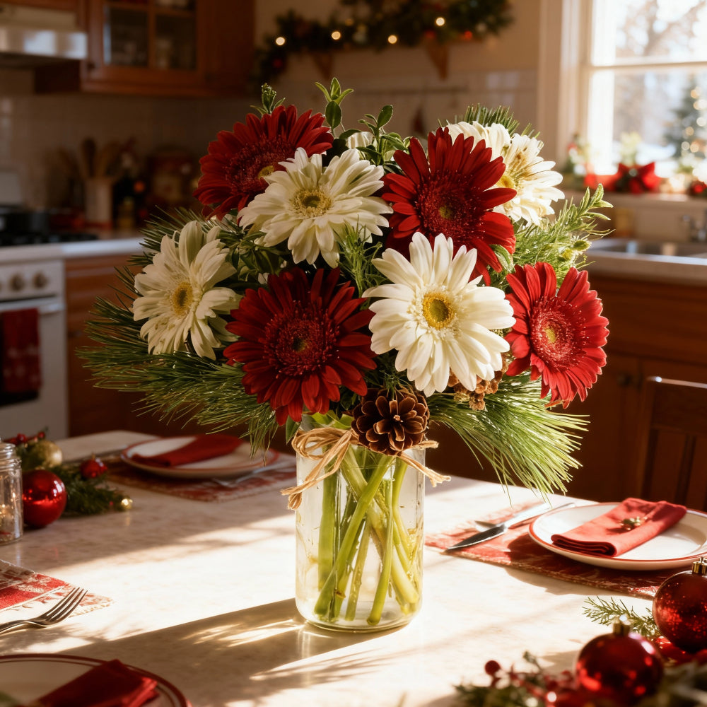 Bouquet "Festives d’étoiles" Gerberas Rouge & Blanc (12 Tiges) – Bouquet Des Fêtes - Fleur Quebec