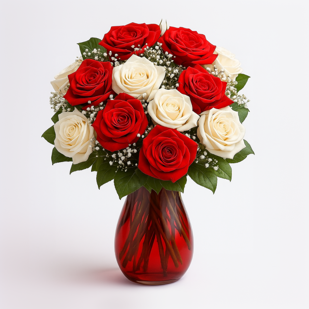 Bouquet "Canne à Sucre" - Roses Rouges et Blanches