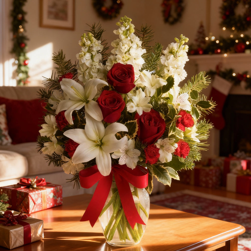 Bouquet Festif "Flocons" - Bouquet Lys Blancs et Roses Rouges (18 tiges) pour Noël