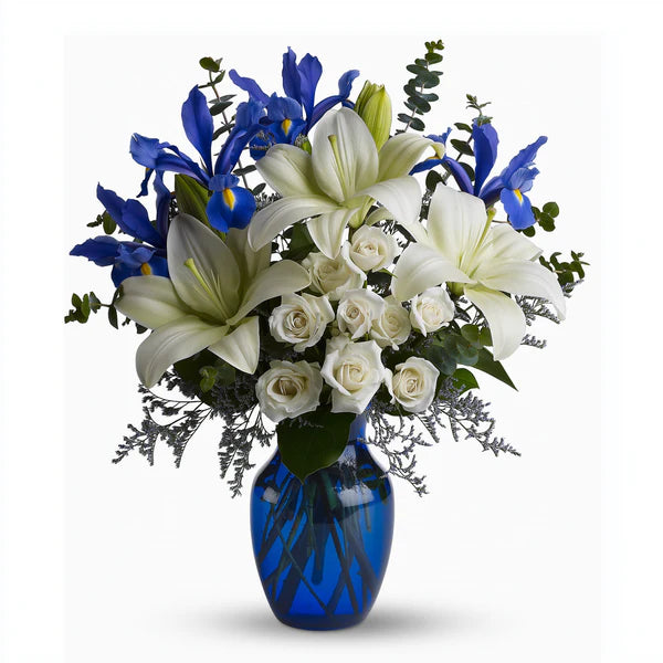 Bouquet "Horizons Bleus " Deluxe – iris hollandais, lys, roses, eucalyptus