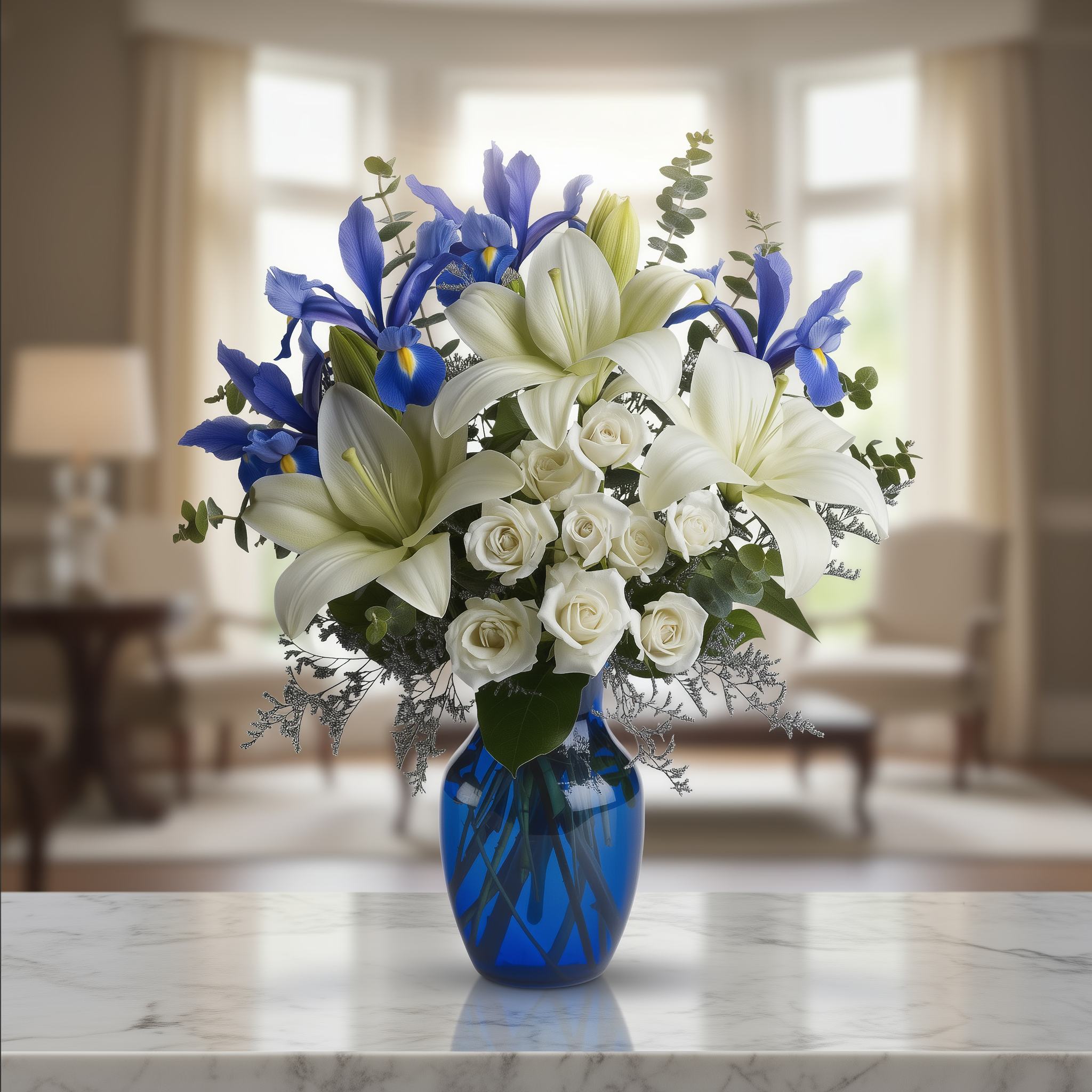 Bouquet "Horizons Bleus " Deluxe – iris hollandais, lys, roses, eucalyptus