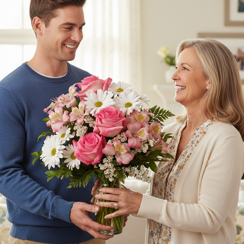 Bouquet "Jubilé" Fête des Mères : Roses, Alstroemeria, Chrysanthèmes & Statices