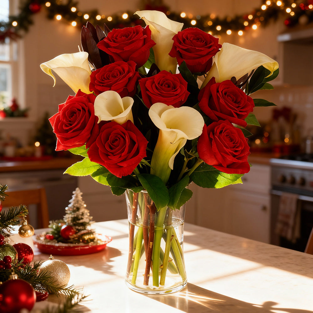 Dites « Je t'aime » ce Noël : Bouquet Romantique Roses et Lys Calla