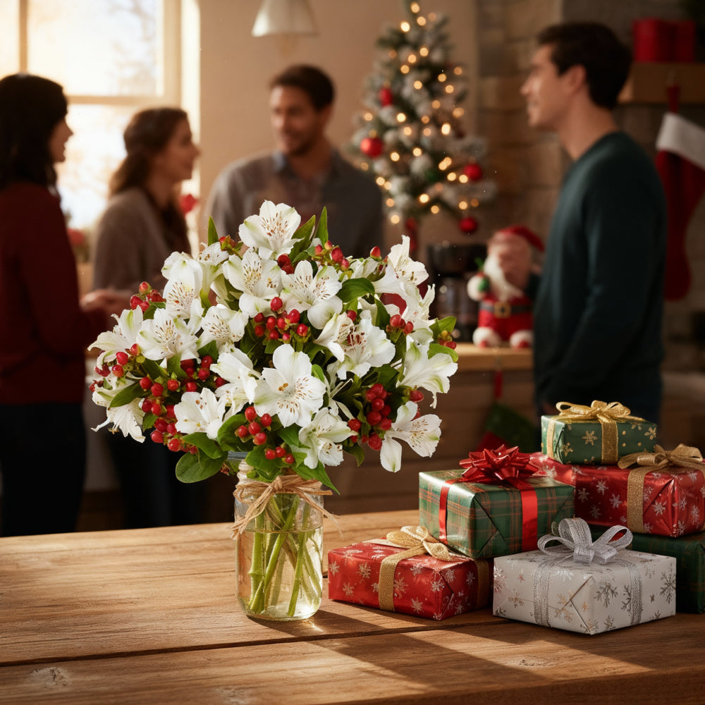Alstroemeria de Noël en pot Mason (100 fleurs) – Bouquet festif - Fleur Quebec