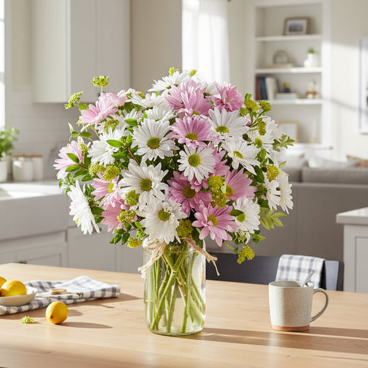 Chic et Lumineux : Chrysanthèmes Marguerites dans Pot Mason (Nouvelle naissance)