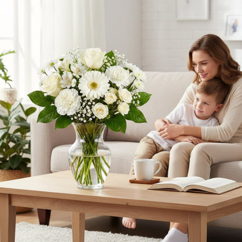 Choix du fleuriste – Bouquet blanc avec vase