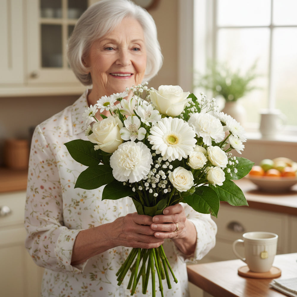 Choix du fleuriste – Bouquet blanc avec vase et carte
