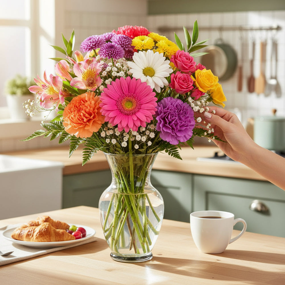 Choix du fleuriste – Couleurs vives avec vase et carte