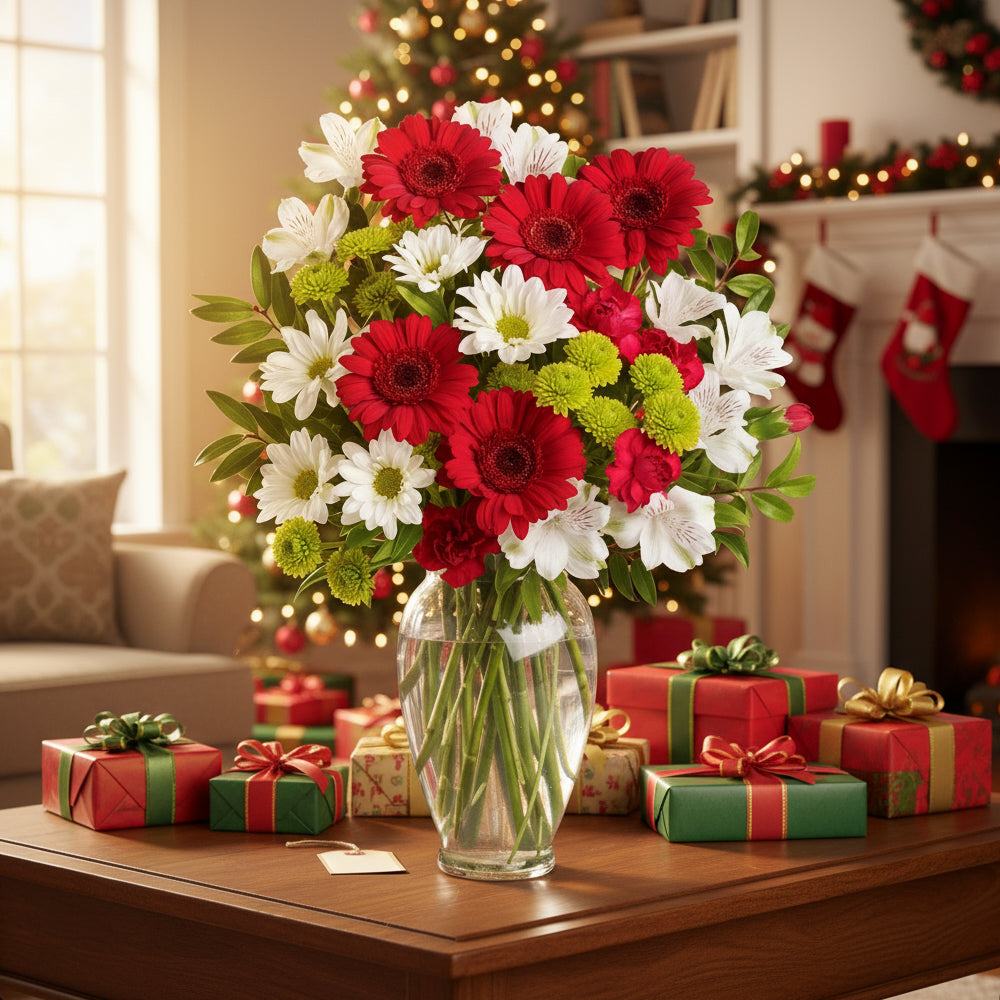 Cloches de Noël festives I - Marguerites & Alstroemeria, carte incluse