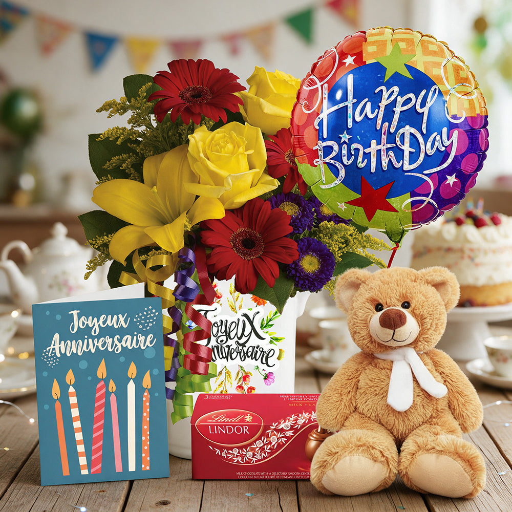 Ensemble de la collection de mugs d’anniversaire IV (6 articles): mug, fleurs, truffes, carte + ourson & ballon