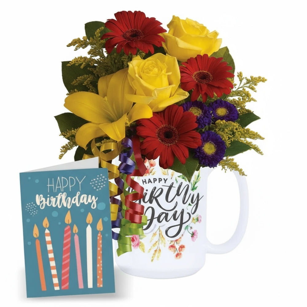 Ensemble de la collection de mugs d’anniversaire I : bouquet & carte grand format