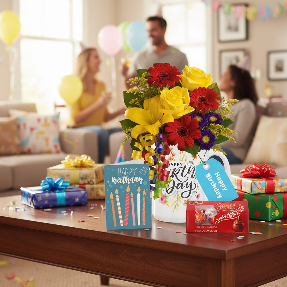 Ensemble de la collection de mugs d’anniversaire III: Mug 11 oz, Bouquet, Lindt & Carte grand forma