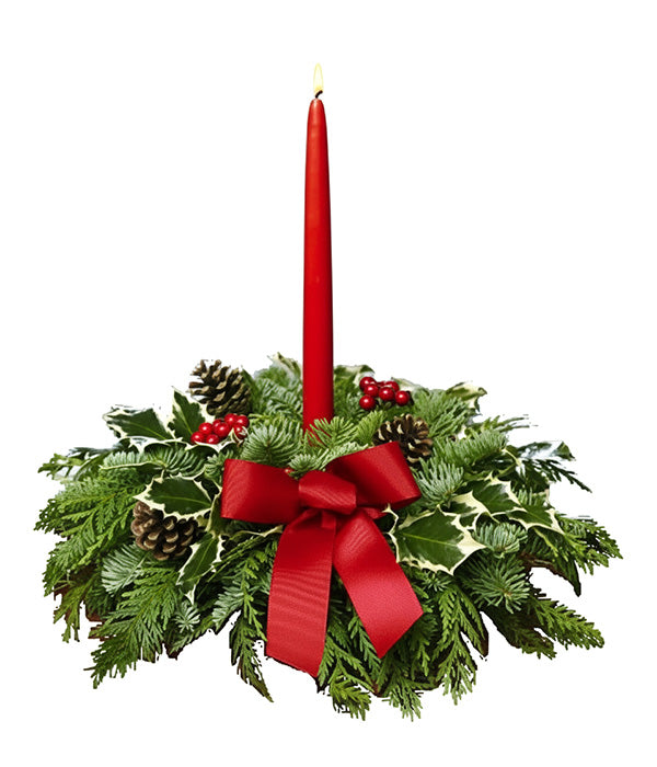CP67-55 Christmas Dreams Centerpiece with red candle and bow