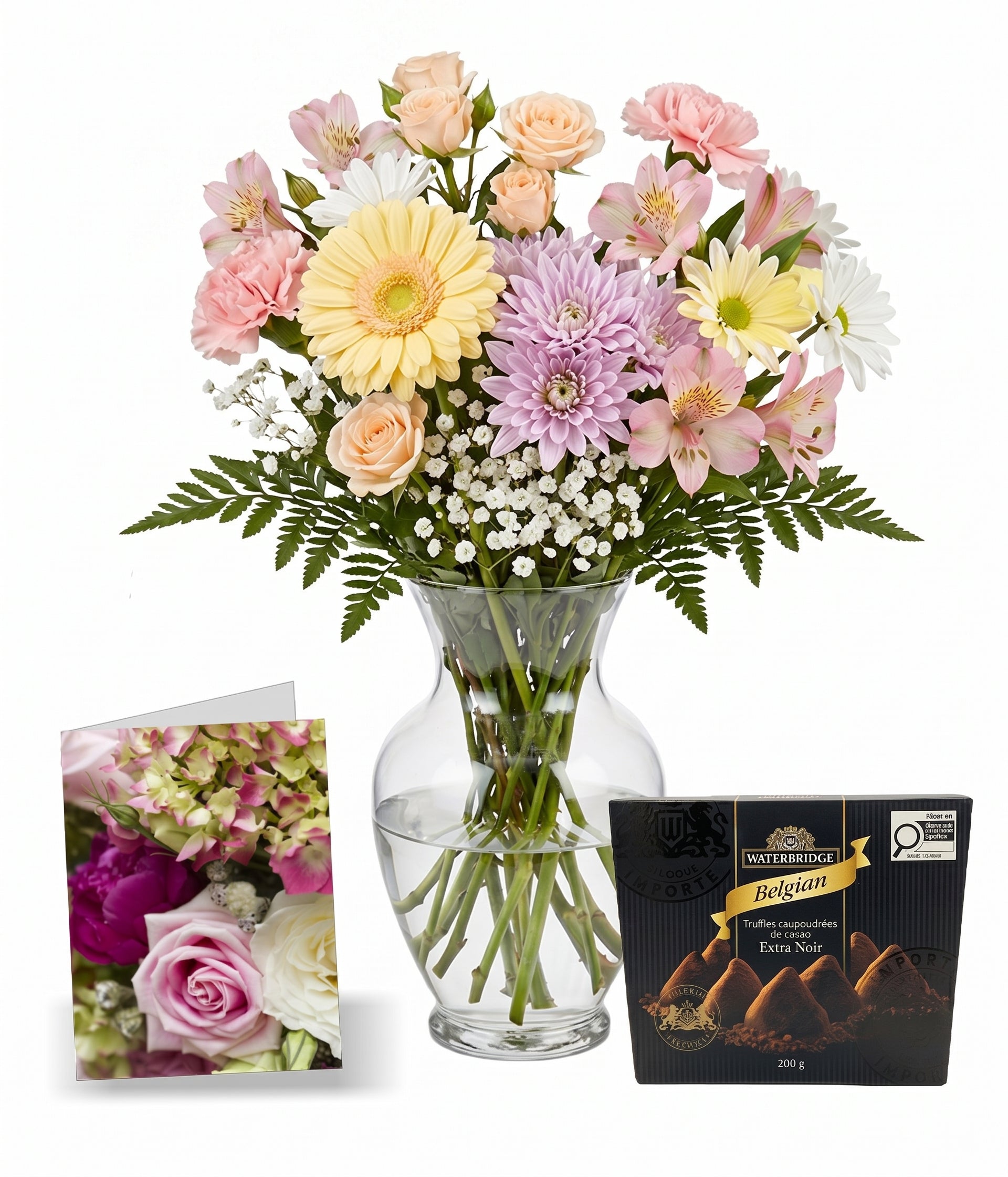 Choix du fleuriste – Couleurs pastel avec vase, carte et truffes