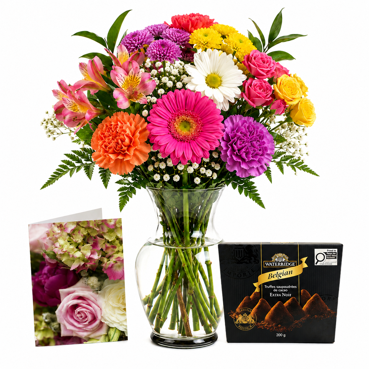 Choix du fleuriste – Couleurs vives avec vase, carte et truffes