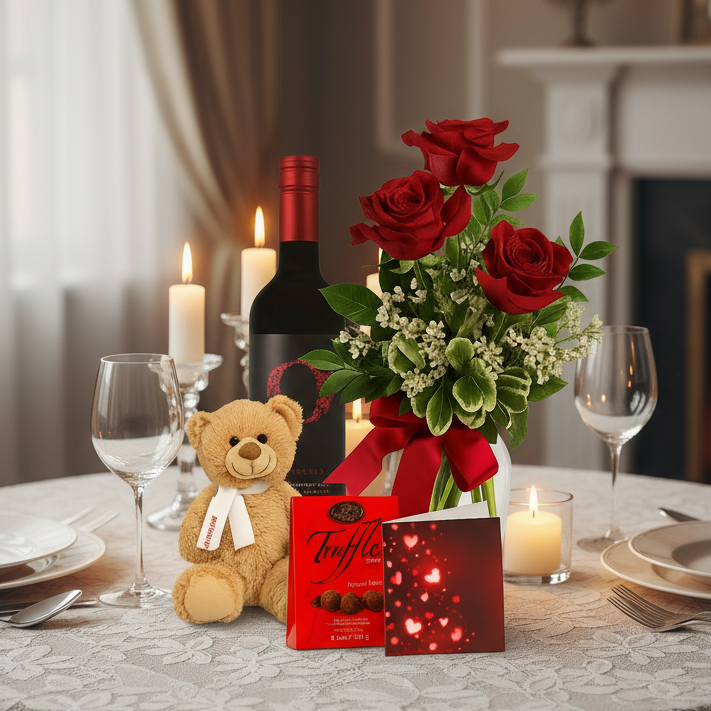Ensemble Luxury de Roses Rouges et Vin - Anniversaire