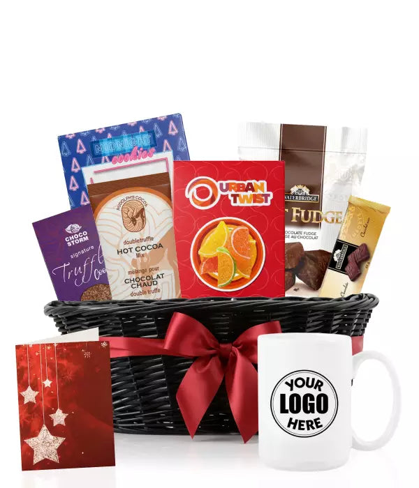 Collection de paniers cadeaux gourmands de Noël avec tasse au personnalisé