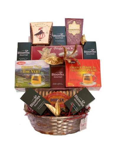 Luxury Tea Gift Basket & 12 Gourmet Delights: Chocolate, Truffles, Cheese and Biscuits