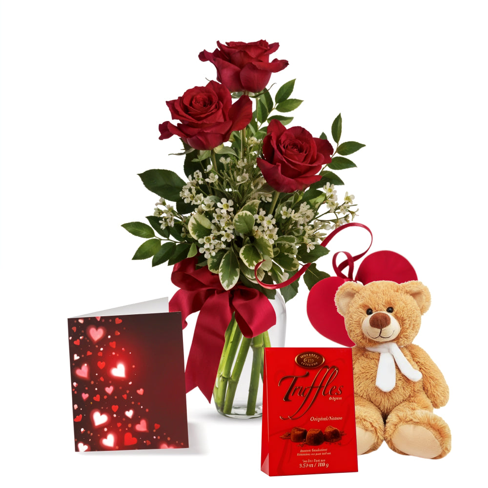 Ensemble de Luxe: Roses Rouges, Ours en Peluche et Truffes