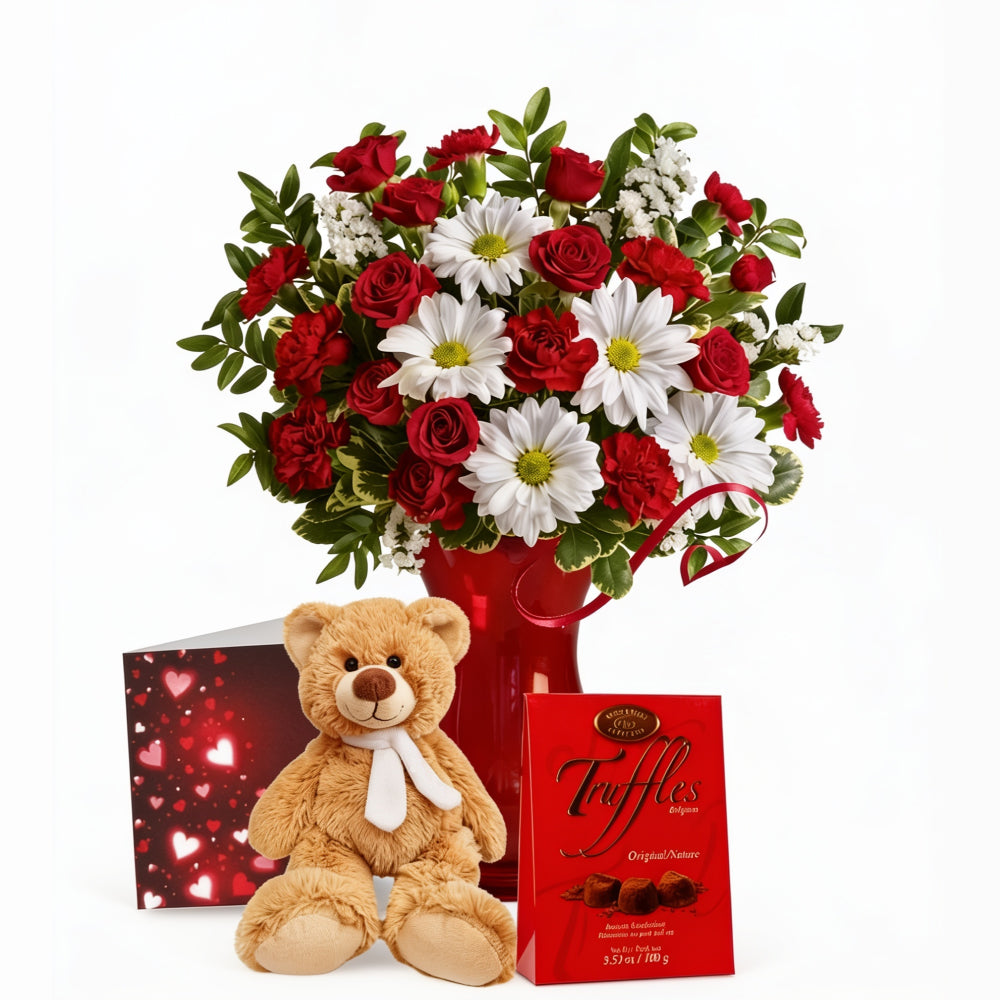 Ensemble Exclusif Amoureux : Roses Rouges, Œillets, Truffes & Ours en Peluche  - Romance Douce III