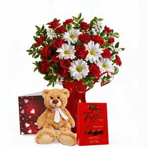 Ensemble Exclusif Amoureux : Roses Rouges, Œillets, Truffes & Ours en Peluche  - Romance Douce III