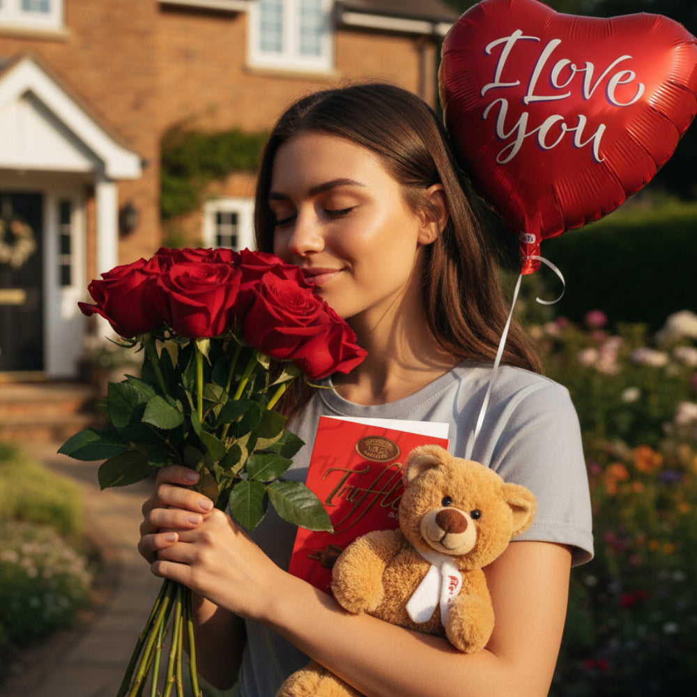 Ensemble Romantique - Roses Rouges et Ours en Peluche